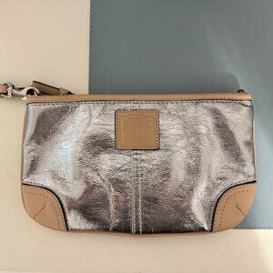 Coach Silver Metallic Wristlet with Beige Leather Trim